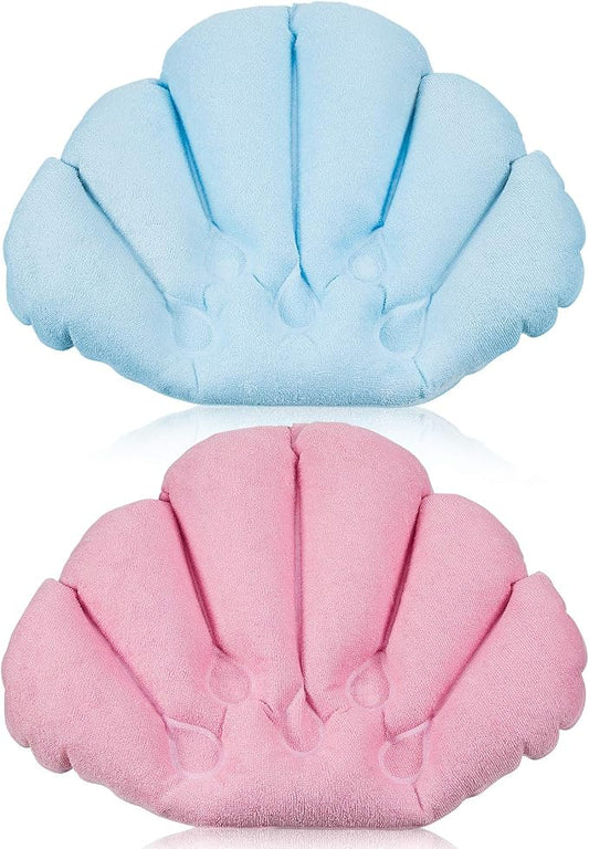 2 Pieces Inflatable Bath Pillow with Suction Cups, Terry Cloth Covered Bath Pillow Shell Shape Bathtub Spa Pillow Comfortable Soft Bath Cushion, Neck Support for Bathtub, Hot Tub, Home Spa Tub