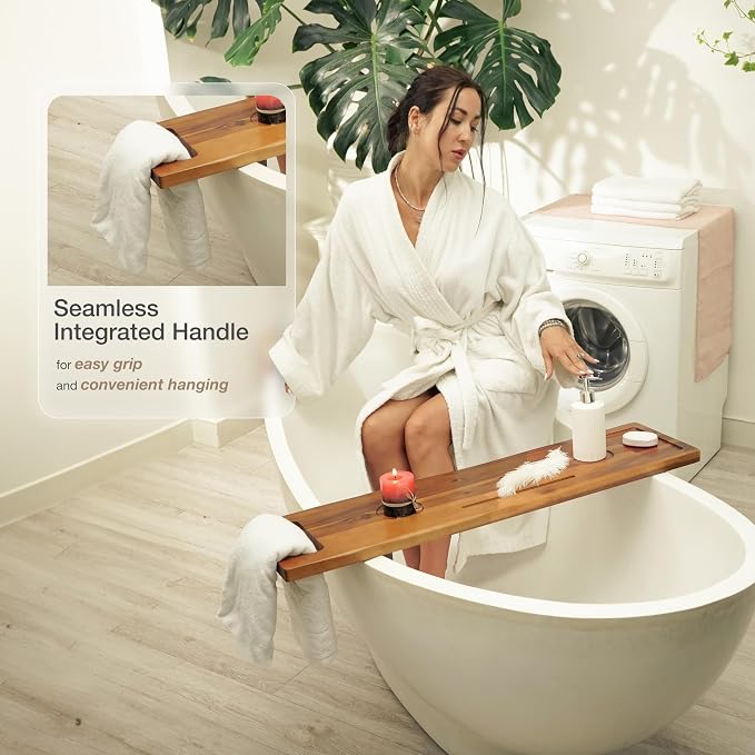 Tinamo Acacia Bathtub Caddy Tray Table | 39 x 9.75 x 2.5 Inch Large Bath Tub Tray Wooden | Anti-Tipping, Sustainable Tub Tray for Bathtub | Bathtub Accessories Holders for Bathtub (Acacia, 39x9.75) | Adjustable Feet, 39" x 9.75" x 2.5", Phone & Drink H...