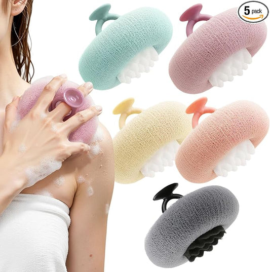 5 Packs Bath Sponge Shower Loofah, 2 in 1 Exfoliating Body Scrubber Exfoliator Net Sponges with Finger Rings, Super Soft Sunflower Suction Cup Bath Ball for Women Men (Pink+Yellow+Green+Purple+Gray)
