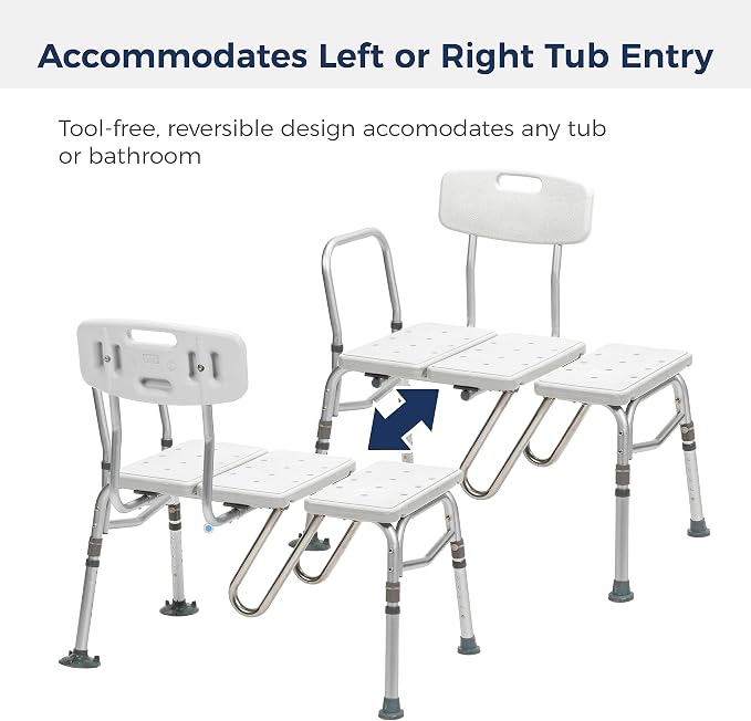 Drive Medical Splash Defense Tub Transfer Bench for Bathtub - U-Shaped Shower Curtain Guard - Adjustable Height - Reversible Design - 400 Lb Capacity - Safe Bathing Aid - White