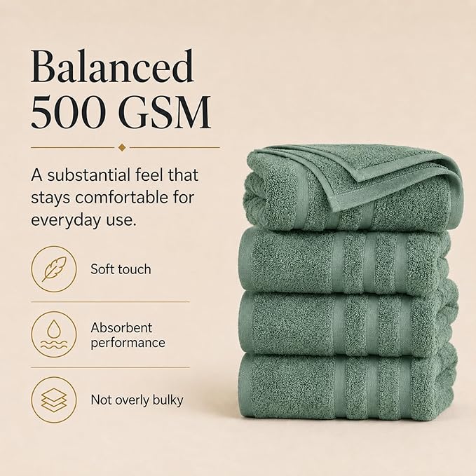 Velqora Bath Towels, 2 Pack, 30x60 in, 100% Cotton, Soft, Sage Green | Absorbent Terry | Balanced Weight | Easy Care