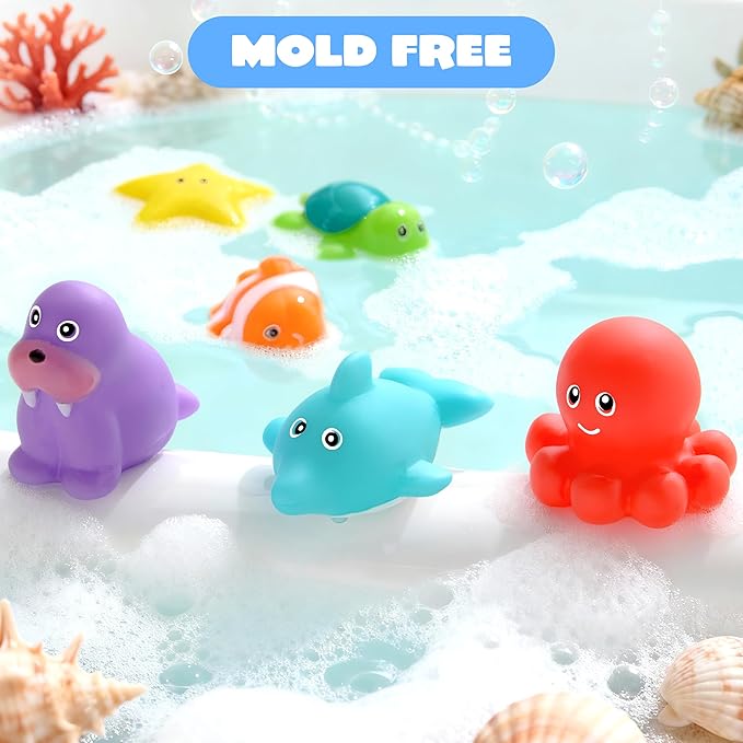 JOYIN 6 Pcs Sea Animal Bath Toys, Sealed & No-Hole & Mold Free Bathtub Toys for Kids, Non-Toxic & Soft Water Vehicles Toys for Boys and Girls, Squeezable & Float on Water, Ideal for Bath & Pool Time