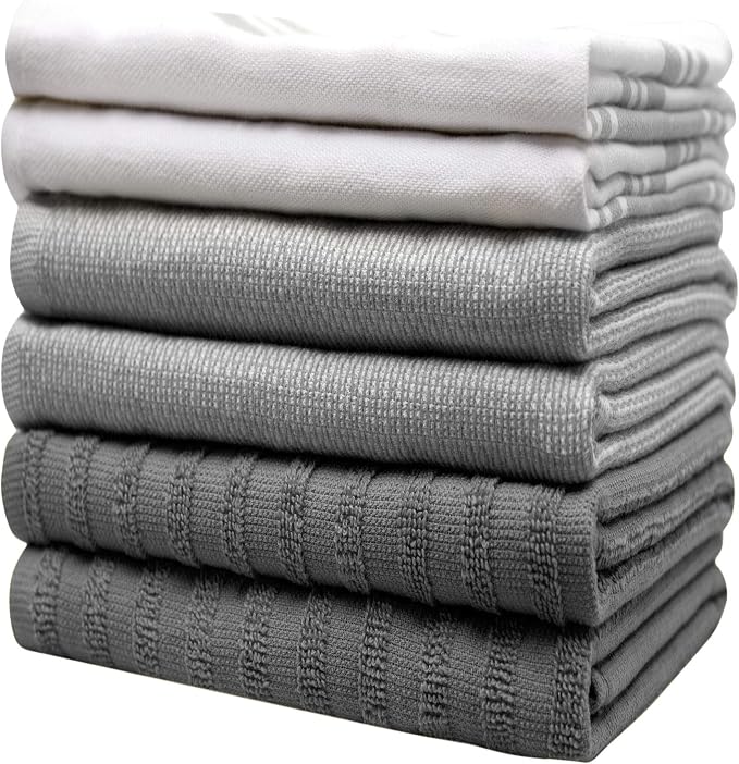 Premium Kitchen Towels (20”x 28”, 6 Pack) | Large Cotton Dish Towels | Flat & Terry Highly Absorbent Kitchen Linen Set with Hanging Loop | Wide Stripe Grey