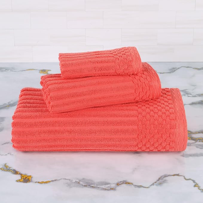 Superior 3 Piece Cotton Towel Set, Includes 1 Bath Towel, 1 Hand Towel, 1 Face Towel/Washcloth, Daily Use for Bathroom, Guest Bath, Quick Dry, Ribbed, Absorbent, Essentials, Soho Collection, Coral