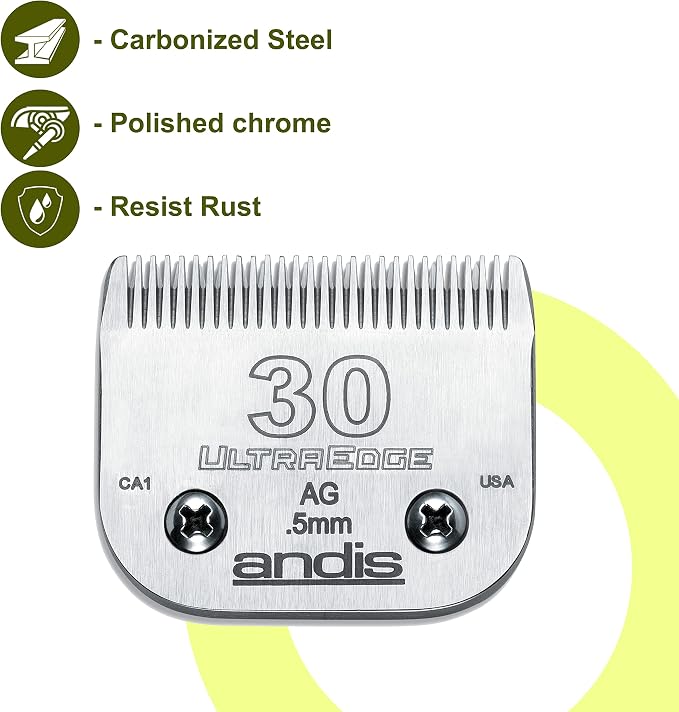 Andis 64075 Ultra Edge Dog Clipper Blade - Constructed of Carbonized Steel, Exclusive Hardening Process with Long-Lasting Sharp Edges, 1/50-Inch Cut Length - for Larger Animals, Size-30, Chrome