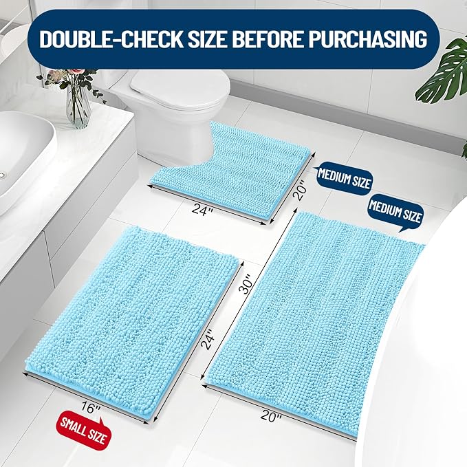 Grandaily Chenille Striped Toilet Rugs U-Shaped 24x20, Extra Soft and Absorbent Bathroom Rugs, Non-Slip Plush Shaggy Bath Rug, Machine Washable Contour Bath Mats for Toilet Base, Blue