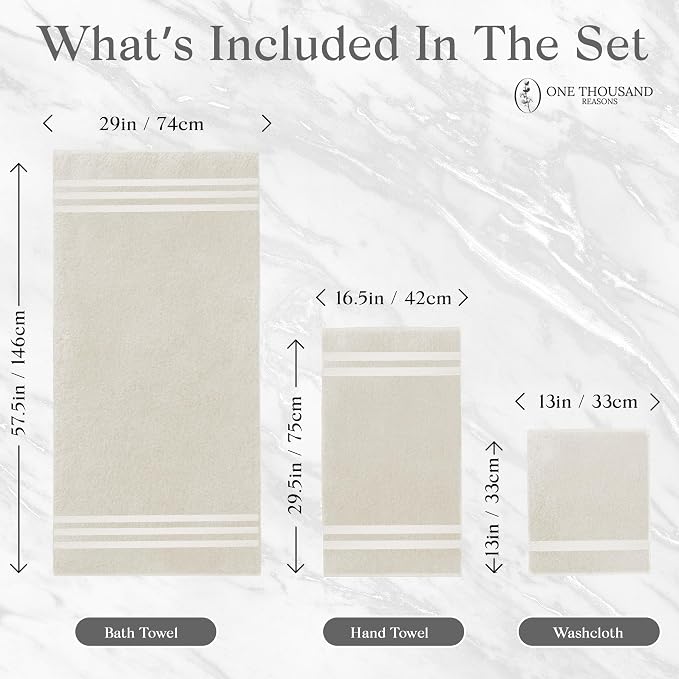 Premium Staple Cotton Bathroom Towel Set - Beige 600 GSM 6-Piece Luxury Bath Towel Set 3 Stripe - 2 Bath Towels, 2 Hand Towels & 2 Washclothes Set - High Absorbent & Quick Dry for Gym, Spa, Hotel