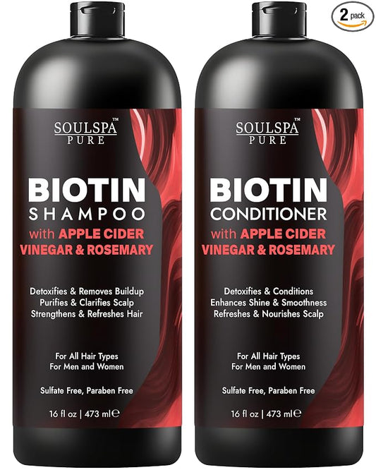 SOULSPA PURE Apple Cider Vinegar Biotin Shampoo and Conditioner Set - ACV Clarifying Scalp Care with Rosemary Oil & Keratin - Sulfate Free for Oily, Thinning Hair - 16 fl oz Each