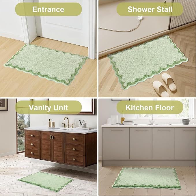 ORTIGIA Cute Green Scalloped Bath Mat, Fun Plush Microfiber Scallop Bathroom Rugs Non Slip Washable Quick Dry Absorbent, Bathmat Bath Rug Carpet for Shower Stall Vanities Kitchen Floor Entrance, 20x32