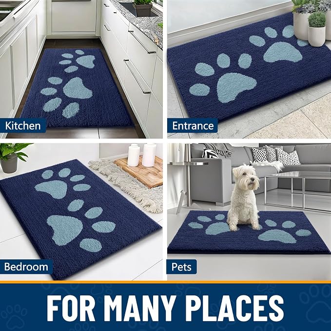 Smiry Dog Door Mat for Muddy Paws, Absorbs Moisture and Dirt, Low-Profile Entryway Mat with Non-Slip Backing, Entry Indoor Outdoor Doormat for Inside Floor (59x24 Inches, Dark Blue, Paw)