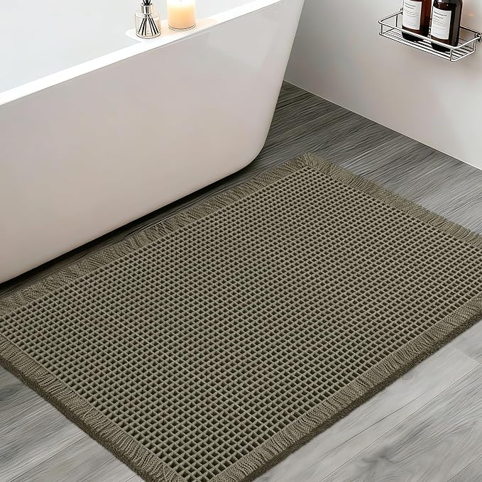 Upgraded Waffle Bath Mat, 36"x24" Greyish Green, Super Absorbent Non-Slip Quick Dry Bathroom Rugs with Tassels, Machine Washable Ultra Soft Boho Bath Rugs for Floor, Toilet Mats Boho Farmhouse Decor
