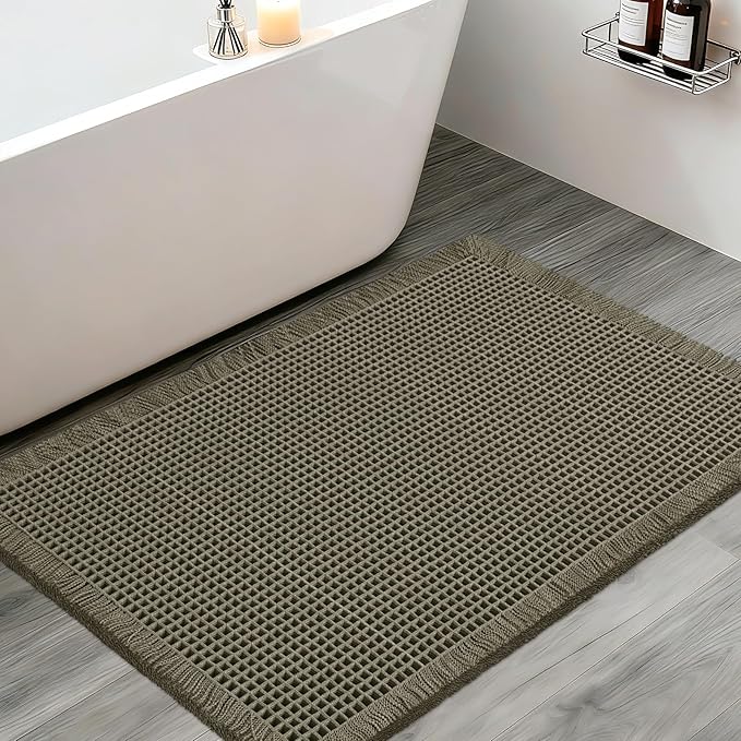 Upgraded Waffle Bath Mat, 32"x20" Greyish Green, Super Absorbent Non-Slip Quick Dry Bathroom Rugs with Tassels, Machine Washable Ultra Soft Boho Bath Rugs for Floor, Toilet Mats Boho Farmhouse Decor