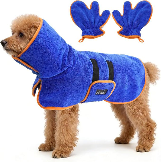 Mihachi Dog Bathrobe Towel Wrap Fast Drying with Drying Gloves Set, Super Absorbent Coral Fleece Dog Drying Coat Bath Robe for Puppy, Medium & Large Dogs, Adjustable Collar & Belly Strap, Blue S
