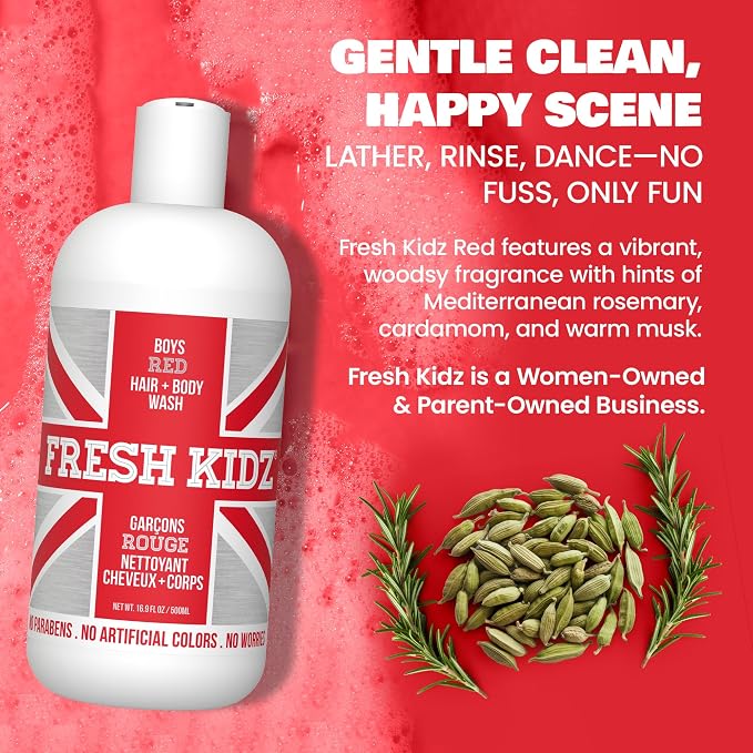 Fresh Kidz Boys Red Body Wash & Shampoo, 16.9 fl oz – Aluminum & Baking Soda Free Kids Body Wash for Boys, Teens & Tweens, Gentle Daily Cleanser for Sensitive Skin, Fresh Woody Musk Scent