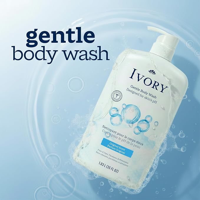 Ivory Body Wash, Designed for the Whole Family, Gentle Formula, Free of Dyes Heavy Perfumes Parabens Phthalates & Silicones, for Sensitive Skin, Designed for Skin's pH, Original Scent, 35 oz