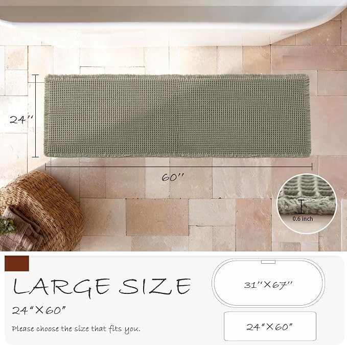 DWCN Waffle Bathroom Rug, Ultra Soft Farmhouse Rubber Backed Shower Mats, Boho Super Absorbent Non Slip Bath Mat for Bathroom Floor for Tub and Shower, 24 x 60 Inch, Olive Green