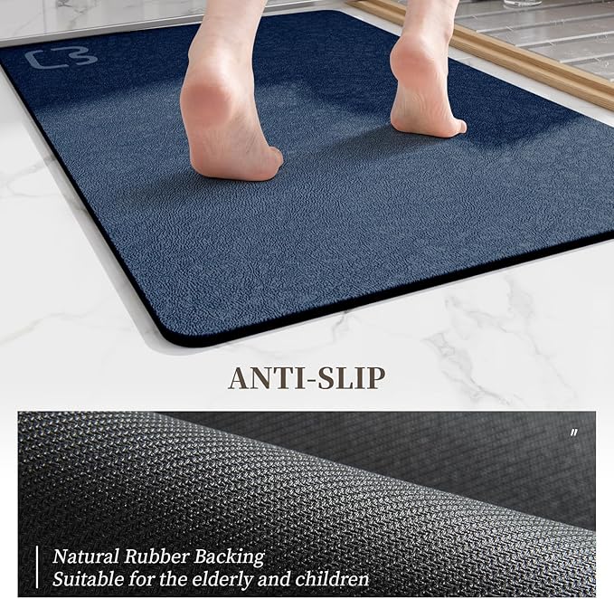 RUERYA Diatomite Stone Bathroom Mats Rug - Rubber Non Slip Fast Dry Super Absorbent Thin Rugs Fit Under Door - Diatomaceous Earth Bath Mat for Bathroom,Shower Room,Laundry Room,Sink,17"x27.5",Navy