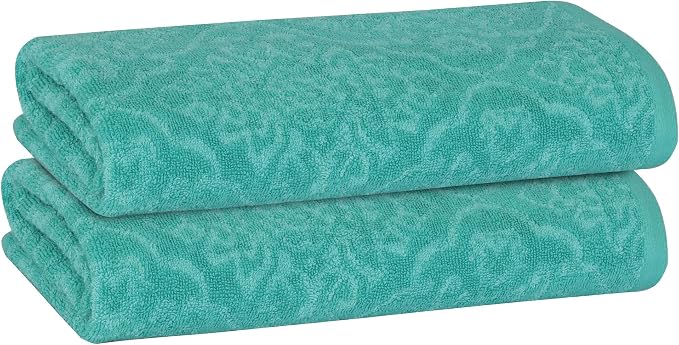 2 Pack Damask Hand Towel, Bath Towel, and Bath Sheet Towel, 100% Cotton Yarn Dyed, Lux Drying Experience, Great for Hands and Body, Perfect for Spa & Home Use (Aqua, Bath Sheet)