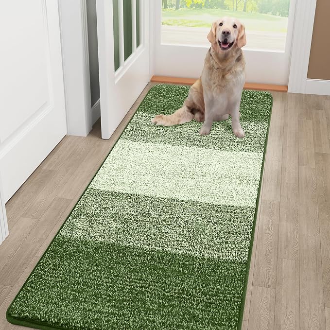 Smiry Dog Door Mat for Muddy Paws, Absorbs Moisture and Dirt, Low-Profile Entryway Mat with Non-Slip Backing, Entry Indoor Outdoor Doormat for Inside Floor (54x32 Inches, Green, Striped)