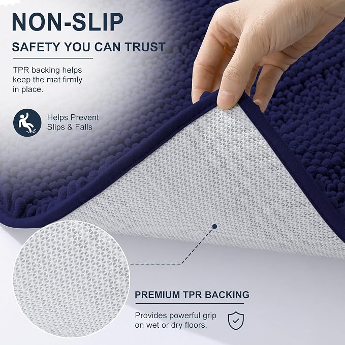 Smiry Thick Chenille Bathroom Rugs 36x24, Extra Absorbent Striped Bath Mat, Machine Washable, Rubber Backing, Bath Rugs for Bathroom, Tub & Shower, Home Decor Accessories, Twilight Sapphire