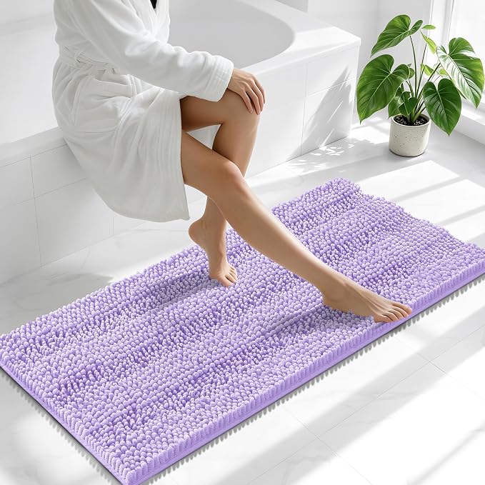 Smiry Thick Chenille Bathroom Runner Rugs 47x20, Extra Absorbent Striped Bath Mat, Machine Washable, Rubber Backing, Long Bath Rugs for Tub & Shower, Modern Home Decor Accessories, Lavender