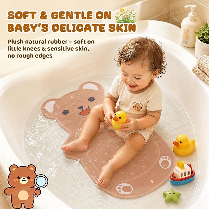 UNEEDE Non Slip Bathtub Mat for Kids, Cute Brown Bear Baby Bath Mat for Tub | Natural Rubber Toddler Bath Mat with 126 Suction Cups and 43 Drainage Holes, Soft Machine Washable Bathroom Essentials