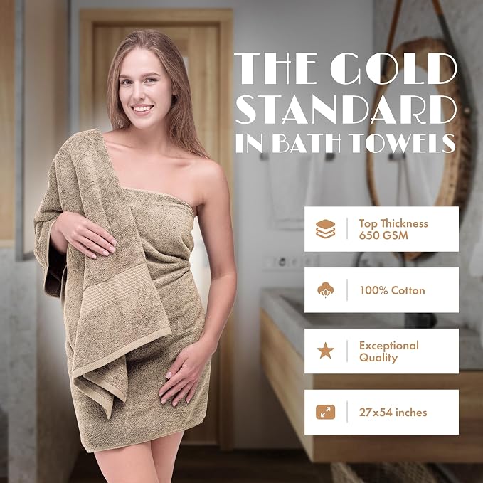 White Classic Wealuxe Taupe Bath Towels 27x54 Inch, Cotton Towel Set for Bathroom, Hotel, Gym, Spa, Soft Extra Absorbent Quick Dry 4 Pack
