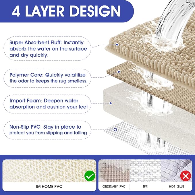 ACCUMTEK Striped Beige Bathroom Rug Set 3 Pieces Ultra Soft, Non Slip Chenille Toilet Mat, Absorbent Plush Shaggy Bath Mats for Bathroom, Bedroom, Kitchen