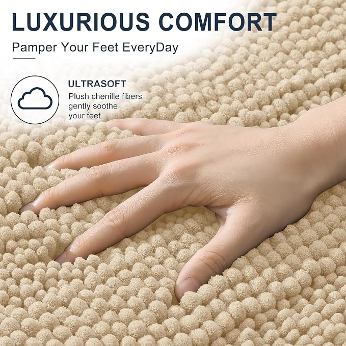 Smiry Thick Chenille Large Bathroom Rugs 40x24, Extra Soft Absorbent Striped Bath Mat, Machine Washable, Rubber Backing, Bath Rugs for Bathroom, Tub & Shower, Home Decor Accessories, Beige