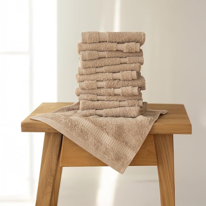 SALBAKOS 100% Turkish Cotton Washcloth Set of 12, 13x13 inch | Premium Quality | Hotel & Spa Collection | Ultra Soft, Super Absorbent, Wash Cloth Towels | Made in Turkey (Taupe, 12 Washcloths)