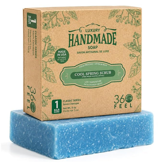 360Feel Cool Spring Scrub Soap - Made in The USA - Castile Handmade, All-Natural, Cold-Processed - Infused with Essential Oils for Gentle Exfoliation & Rich Lather - 5 oz