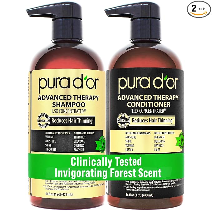 PURA D'OR Advanced Therapy Biotin Shampoo & Hair Regrowth Conditioner Set For Hair Thinning, CLINICALLY TESTED Effective Thickening Results, For Women & Men, Invigorating Forest Scent, 16oz x2