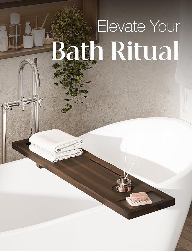 Tinamo Acacia Bathtub Tray Caddy with Adjustable Legs - Bath Tub Tray for Freestanding Tubs - 39x9.75 Inch Large Wooden Anti-Tipping Tub Tray for Bathtub with Accessories Holders (Walnut, 39x9.75) | Acacia Wood, Adjustable Width, 39" x 9.8" x 2.5", Mul...