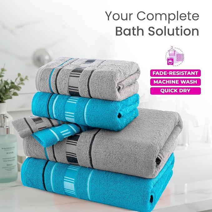 CASA COPENHAGEN X Line 6Pcs 100% Egyptian Cotton Large Designer Towels Gift Set- Grey - Teal, 600 GSM, 2Bath 2Hand 2Washcloths, Bath Towels for Bathroom Set for Women & Men