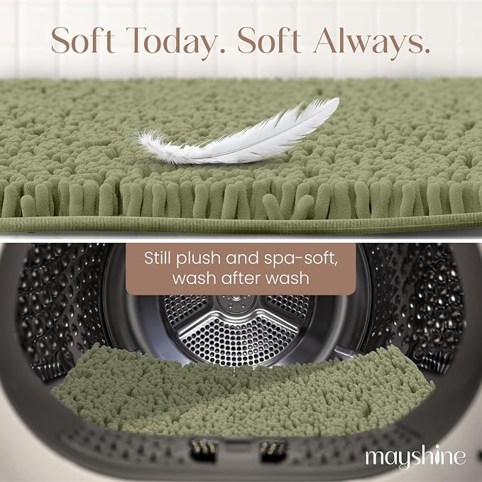 MAYSHINE Small Plush Shaggy Chenille Bath Mat 23"x14" Extra Soft, Super Absorbent, Non-Slip Bathroom Rug | Fluffy Microfiber, Area Rug Sets for Bathroom Floor, Kitchen, Living Room | Sage Green