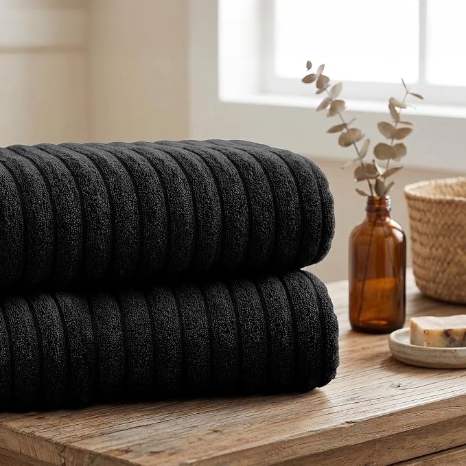 RIVERSIDE Pack of 2 Extra Large Bath Sheet Towels, 35 x 70 Inches, 600 GSM, Ribbed Stripe, 100% Cotton - Super Soft, Highly Absorbent & Quick Dry for Bathroom, Spa & Hotel, Black