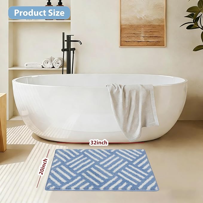 ORTIGIA Striped Blue Bathroom Rugs Non Slip Washable, 20x30 Quick Dry Absorbent Soft Plush Microfiber Bath Mats, Bath Rugs for Bathroom Floor Carpet for Sink Bedroom