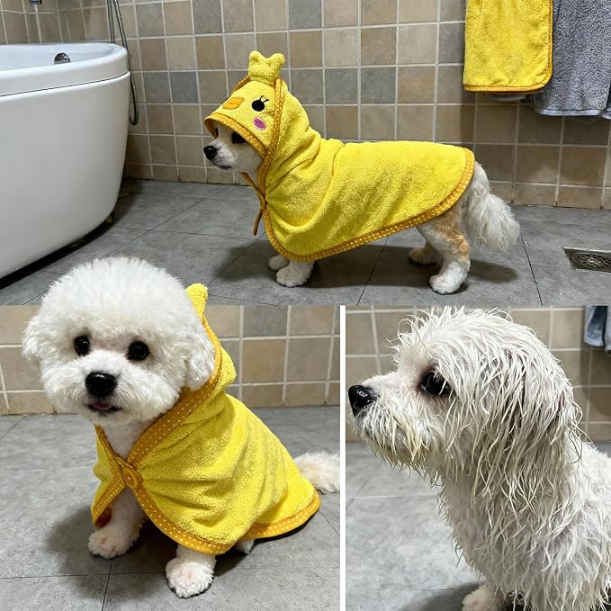 Dog Hooded Bathrobe Towel Fast Drying Absorbent Bath Warm Blanket | Yellow S