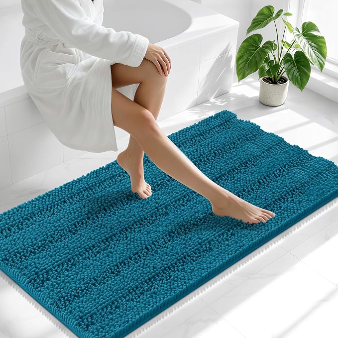 Smiry Thick Chenille Bathroom Runner Rugs 47x24, Extra Absorbent Striped Bath Mat, Machine Washable, Rubber Backing, Long Bath Rugs for Tub & Shower, Modern Home Decor Accessories, Peacock Blue
