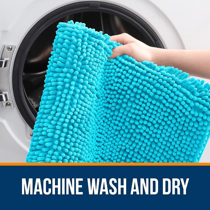 OLANLY Bathroom Runner Rugs 47x17, Soft Absorbent Chenille Bath Rugs, Rubber Backing Quick Dry, Machine Washable Long Bath Mats for Bathroom Floor, Tub and Shower, Home Decor Accessories, Aqua Sky