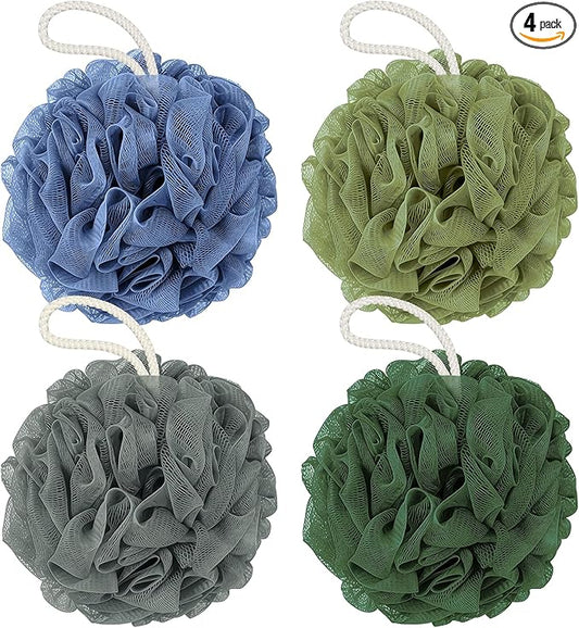 Shower Loofah Bath Sponge, 60G Loofah Exfoliating Body Scrubber, 4 Color Mesh Shower Pouf Balls for Body Wash (Blue Gray Green Dark Green)
