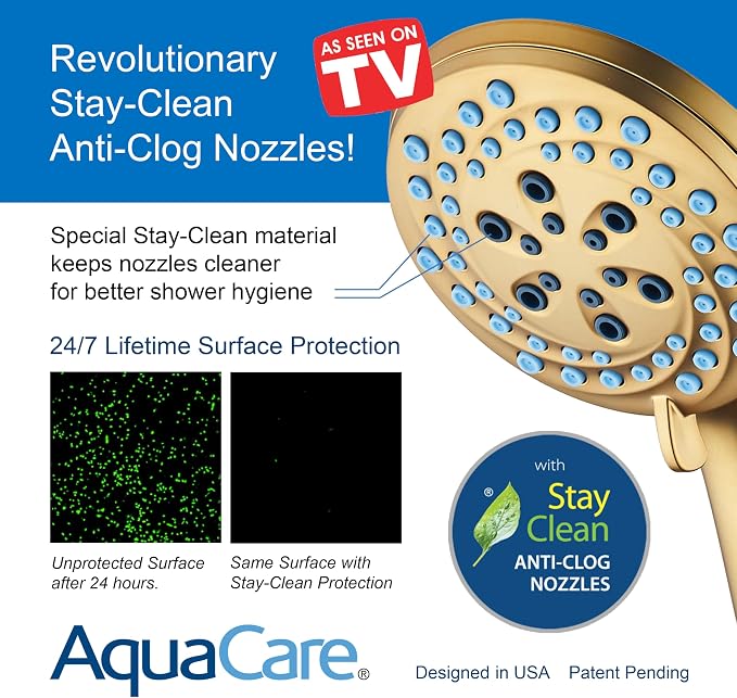 AquaCare Seen-On-TV High Pressure 8-mode Handheld Shower Head - 2-mode Power Wash to Clean Tub, Tile & Pets, Stay-Clean Nozzles, Extra Long 6 ft. Stainless Steel Hose, Wall & Overhead Brackets, Gold