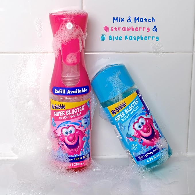 Mr. Bubble Super Blaster Body Wash, Blue Raspberry Blast Scent, Fun Body Wash Sprayer for Kids Shower and Bath, 6.76 fl oz