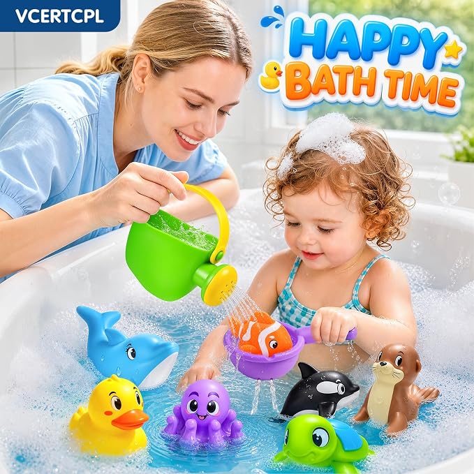 Vcertcpl Bath Toys for Kids Toddler Bathtub Toys, No Hole Baby Bath Toys with Floating Rubber Animals, Watering Can, Duck Net and Spoon, 11 Pack Bathtub Sand Beach Pool Toys Water Toys for Kids