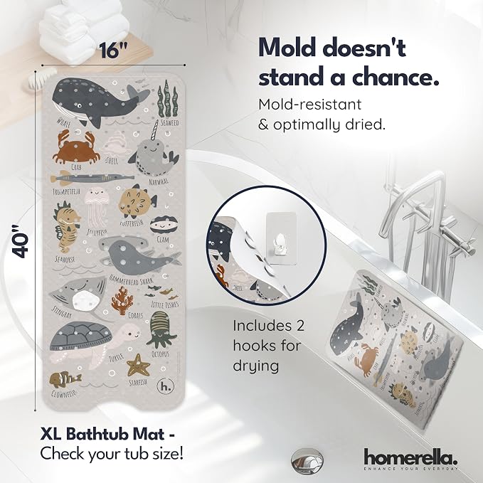 Bath Tub Mat Non Slip Anti Mold for Kids BPA Free INCL Hooks - homerella® Ocean Sea Animals 40x16, Baby Bath Mat Non Slip 200 Suction Cups, Non Toxic Machine Washable Toddler Bath Mat, EU Certified