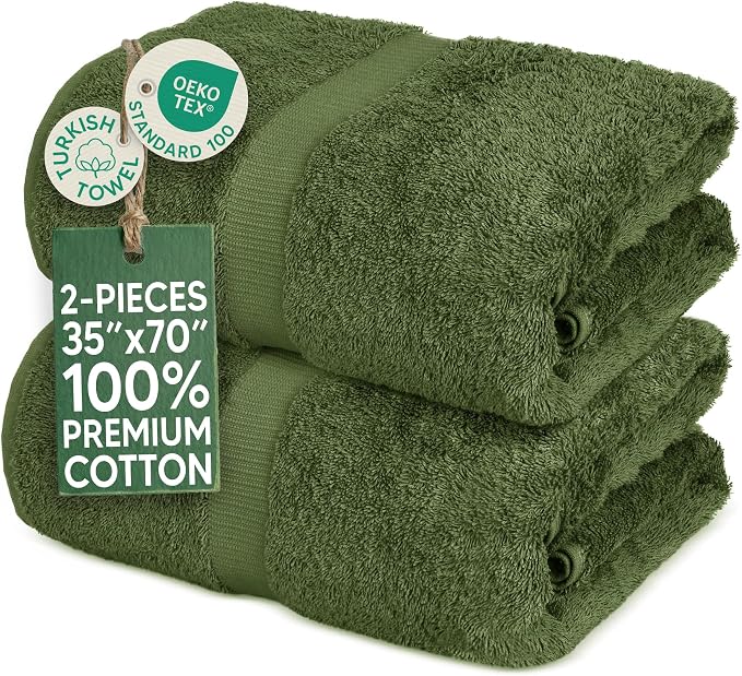 Towel Bazaar 2-Piece Jumbo Bath Towel Set, Cotton Turkish Towels, 35x70 Luxury Towel Super Soft and Absorbent, Perfect Use for Bathroom, Shower Towels - Moss Green