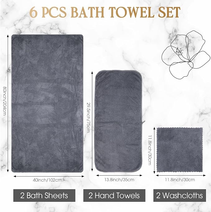 Peryiter 6 Pcs Bath Towel Set Oversized Bath Sheet Super Soft Microfiber Bathroom Sheets for Adults Quick Dry Highly Absorbent Shower Towel Sets for Bathroom Dorm Spa Gym Hotel Yoga(Gray)
