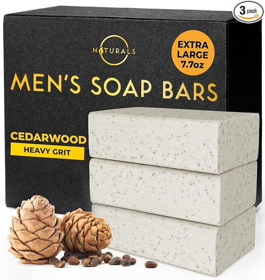 O NATURALS 7.76 oz (3PC) Exfoliating Soap Bar Cedarwood - Heavy Grit Mens Soap - All Natural Exfoliation Bar Soap for Men - Apricot Kernels Bar Soap - Face Soap Bar - Moisturizing Mens Face Bar Soap