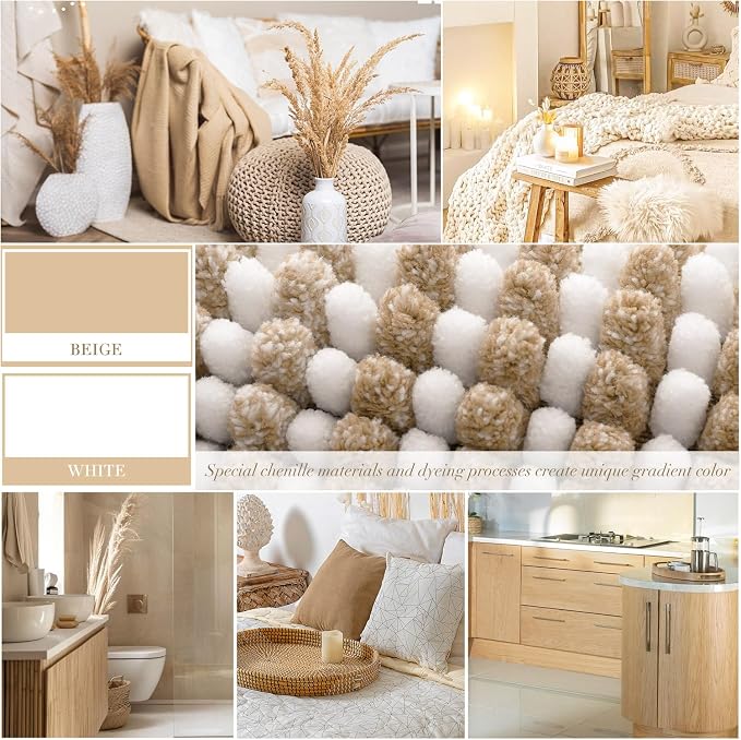 BSICPRO Bathroom Rugs and Mats Sets, 2 Piece Thick Absorbent Chenille Bath Mat Rug Set Non Slip, Soft Shaggy Bath Room Floor Mats for Bathroom, Machine Washable (Beige, 24" x 70" Plus 20" x 32")