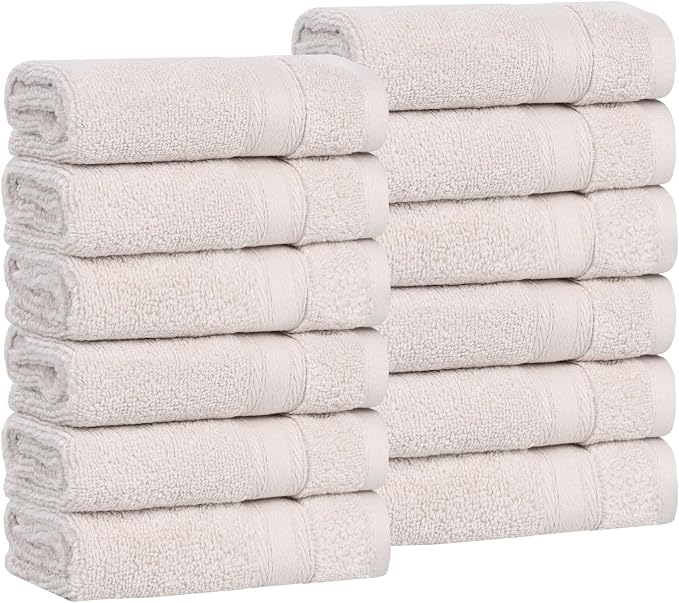 Superior Belmont Zero Twist Cotton Medium Weight Small Towels, for Kitchen, Bathroom, Shower, Spa, Plush, Quick Dry, Ultra-Soft Essentials, Thick Border, Face Towels Washcloths, Set of 12, Silver